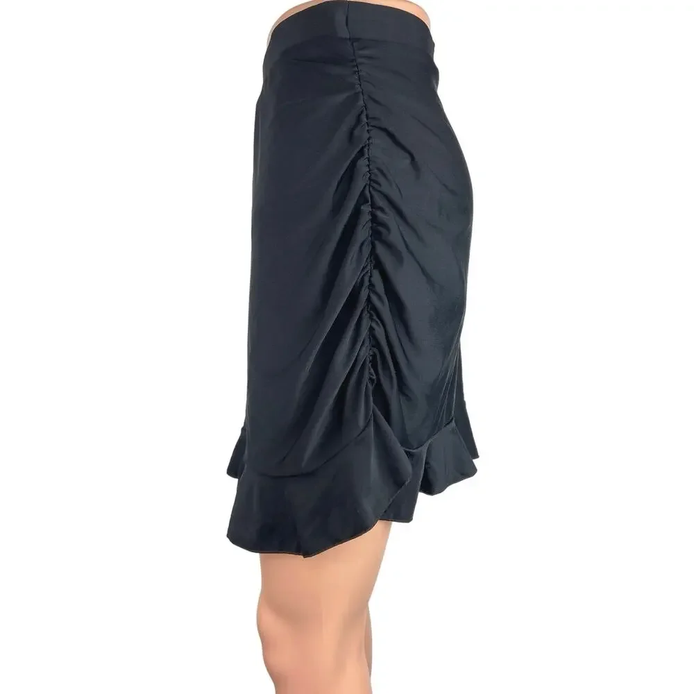 Shekini Black Ruffles Ruched Side Swimsuit Bottom Mini Pencil Swim Skirt Size L